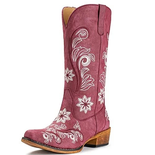 Cowboy Boots For Women Mid Calf Western Boots Cowgirl Pull-On Tabs 9 Red