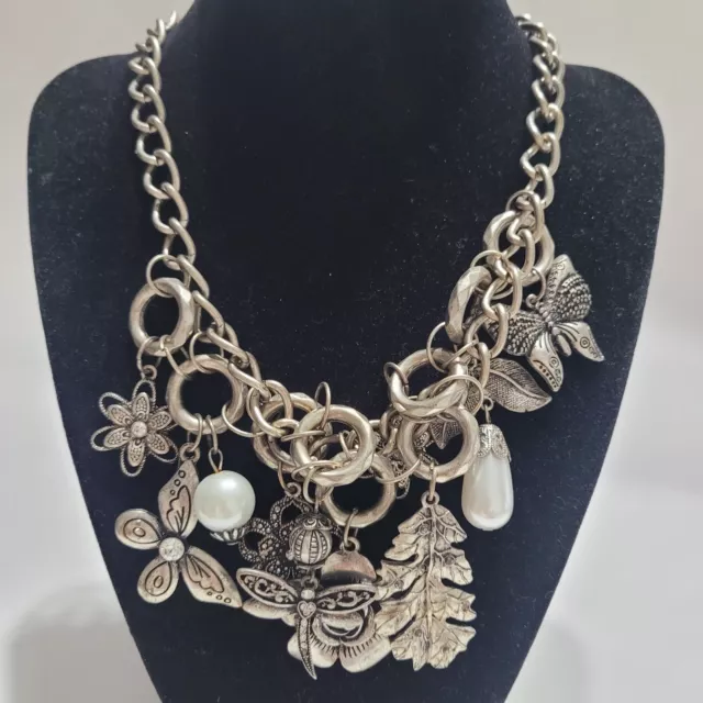 Fashion Bohemian Flowers Nature Metal Silver Tone Chunky Chain Charm Necklace