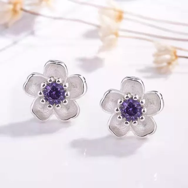 925 Sterling Silver Purple CZ Flower Stud Earrings Women Girl Jewellery Gift UK