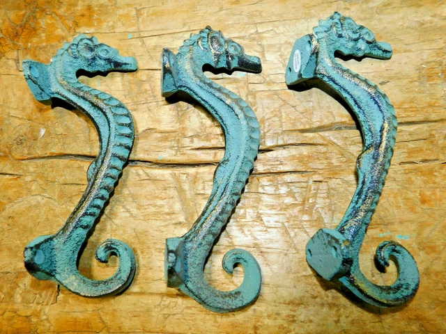 3 Cast Iron NAUTICAL SEAHORSE Style Drawer Pull, Barn Handle, Door Handles Beach