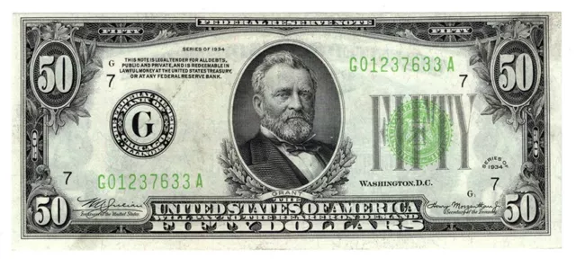 1934 $50 Chicago Federal Reserve Note Light Green Seal ChCU Y00010193