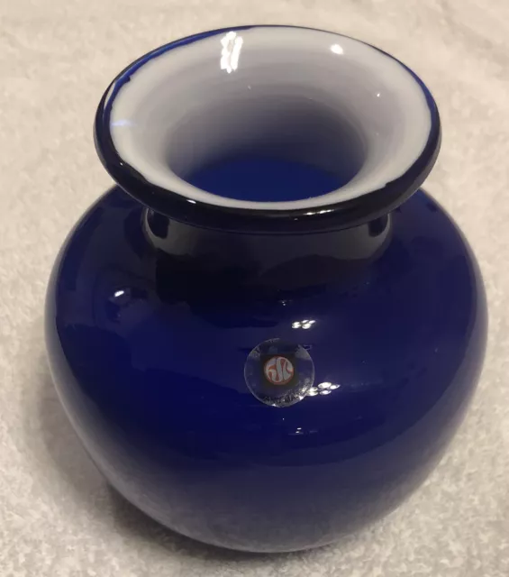 TARNOWIEC 5" TALL Art Glass From Poland - Vase Blue Cobalt W/ White Interior