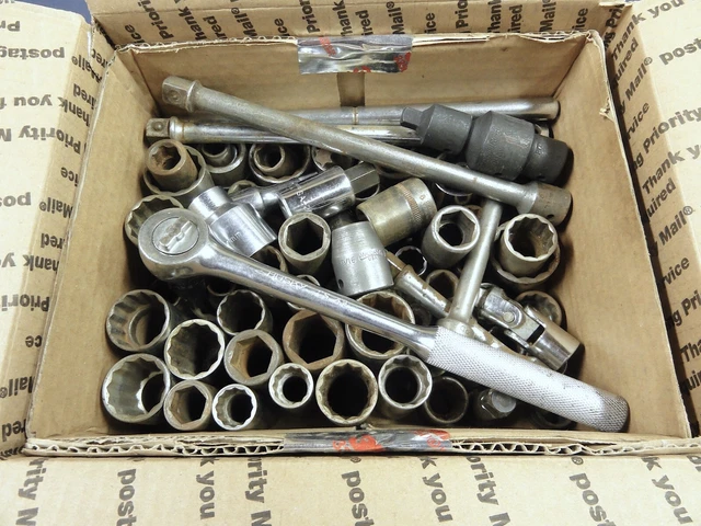 Vintage 27 Pound Lot Assorted 1/2" Drive Usa Sockets & Husky Ratchet Good Used