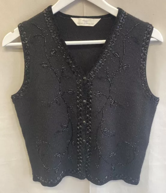 vintage St Michael black beaded knitted vest waistcoat UK 12, Wool Blend, CG W28