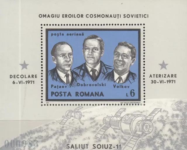 Rumänien / Romania Block 85** Sojus 11 / Tod der Kosmonauten