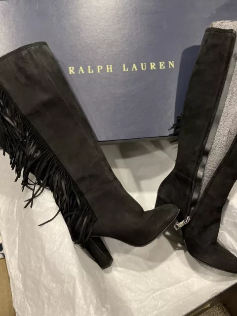 Ralph Lauren Vanida Women's Luxury Suede Knee- High Fringe Boots, Sz 6B 2