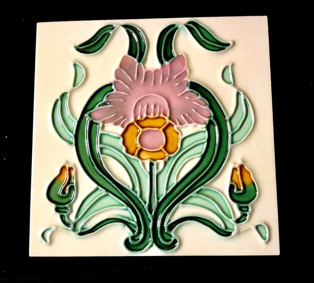 Art Nouveau Design Majolica Tile Embossed 6 x 6 Narcissus  Daffodil Flower Tile
