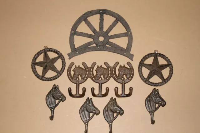 (8) Rustic Texas Ranch House Decor Cast Iron Wagon Wheel Plaque Horse Wall Hooks