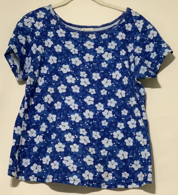 Columbia WOMENS Size Large Blue with White Flowers Short Sleeve Shirt