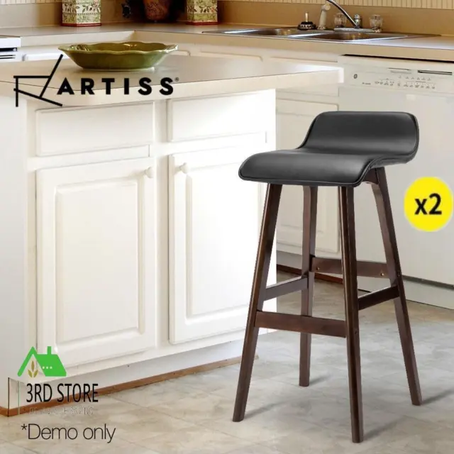 Artiss 2 x Bentwood Bar Stools Wooden Bar Stool Chairs Kitchen Leather Black