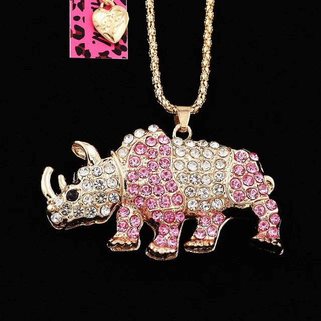 Betsey Johnson Pink Crystal Rhinestone Rhinoceros Pendant Sweater Chain Necklace