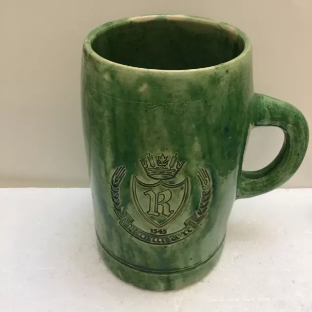 Vintage Stoneware Green Stein/Vase with emblem 1545 Roman Home Decor Bar Accents