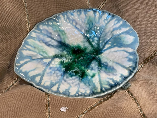 Handmade Edgcomb Pottery 9" Leaf Server Plate Crystaline Glaze - Majolica Copy