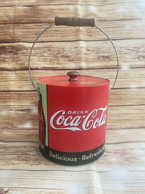 Coca Cola Coke Round Red Ice Bucket with Lid White Plastic Interior