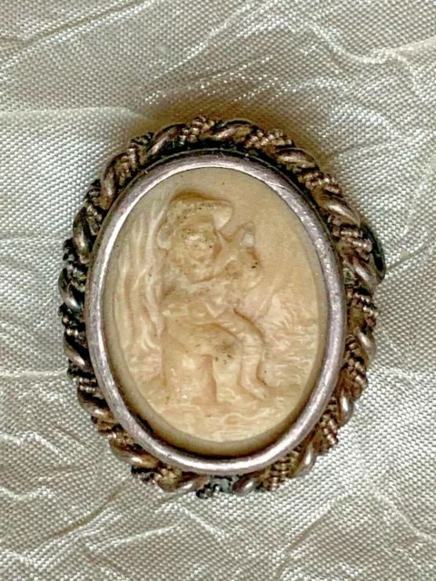 ANTIQUE French Silver CAMEO hand engraved on shell - Boy playing an instrument