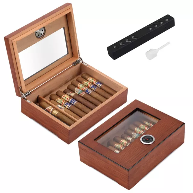 Cigar Humidor, Glass Top Wooden Cigar Box with Hygrometer Humidifier and Divider