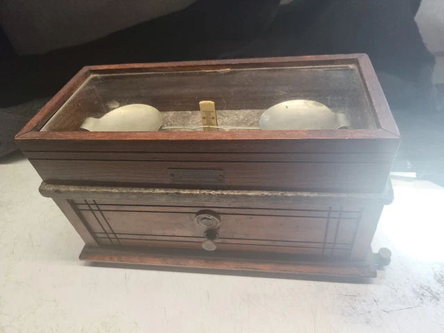 Antique Henry Troemner Scale Flip Lid Brass Plate Marble Top And 4 Weights Box
