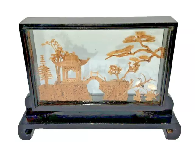 Japanese Chinese Cork Diorama Hand Carved Art In Glass Shadow Box Vintage