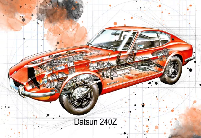 Tech Drawing Blueprint  Datsun 240Z Classic Cutaway Mock Retro Art Poster Print