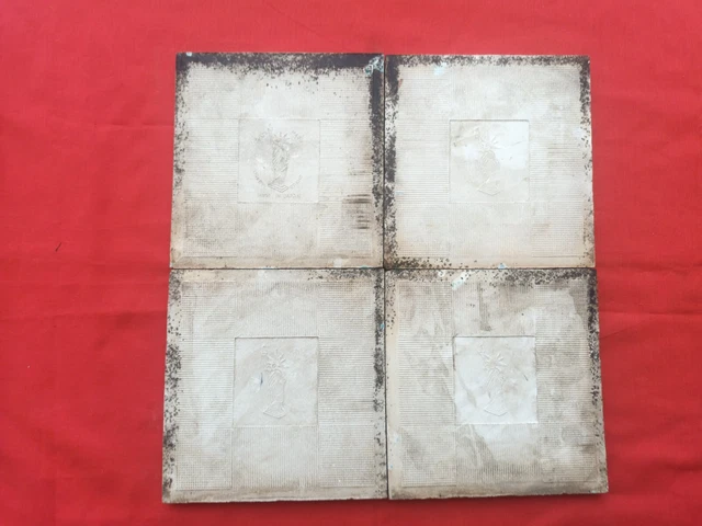 4 Piece Old Art Floral Embossed Design Majolica Ceramic Tiles Japan 0128 7