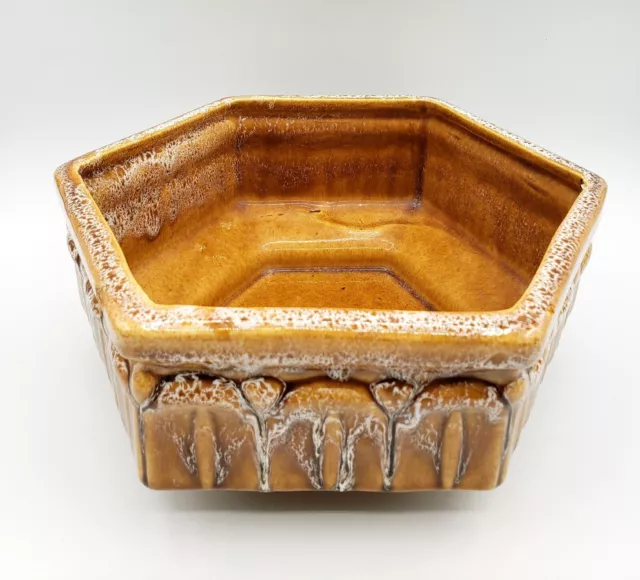 Haeger Pottery Planter 291 Succulent Hexagonal 8 1/2” Brown & Cream Drip Glaze