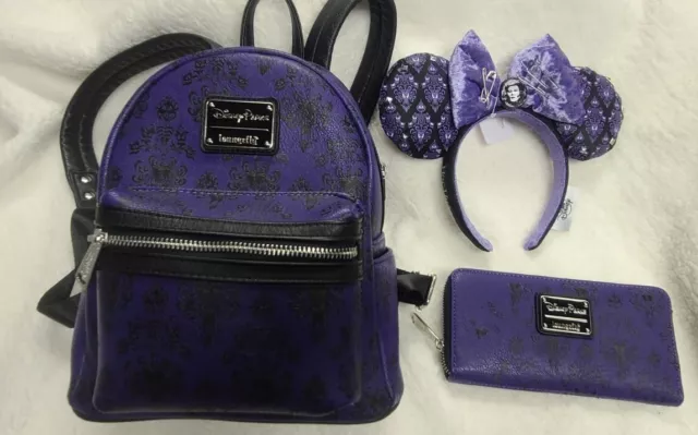 Loungefly Disney Parks Haunted Mansion Purple Wallpaper Backpack 3 Pc Bundle EUC