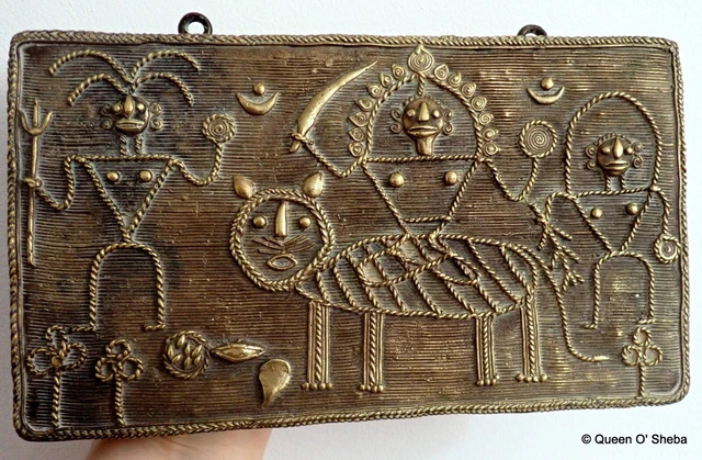 Dhokra Casting Plaque India Lost Wax Durga Tiger Gild Bronze Brass Rare Antique^
