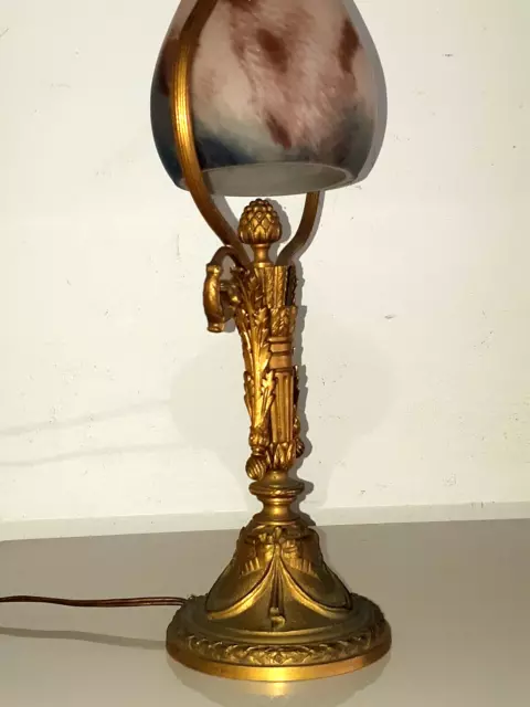 LAMPE ANCIENNE BRONZE LYRE STYLE EMPIRE TULIPE PATE DE VERRE MILIEU XXe