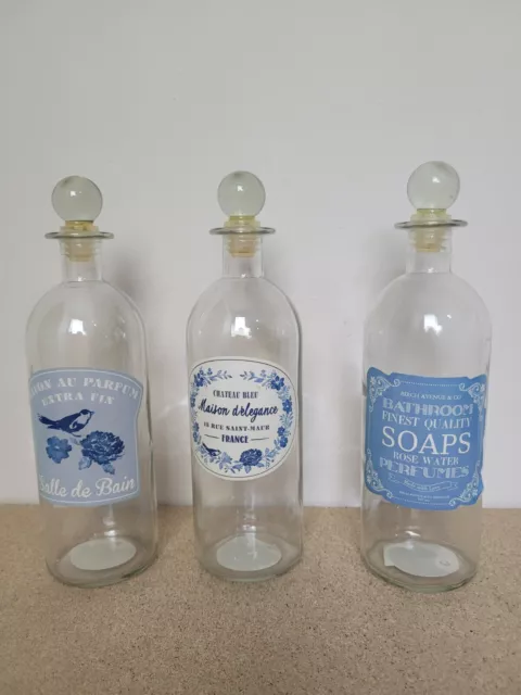 Dunelm 3 GLASS BOTTLES WITH STOPPER FOR BATHROOM SHABBY CHIC FRENCH STYLE VGC