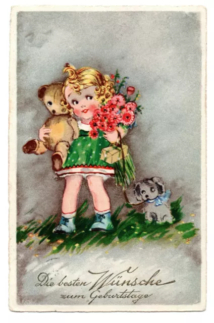 Alte AK Postkarte M.Hülsse Kind mit Teddy Hündchen... Geburtstag Rar!!