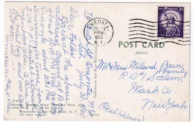 Oneonta Water Treatment Plant Posted 1960 To Willard Bain, Salem, New York 2
