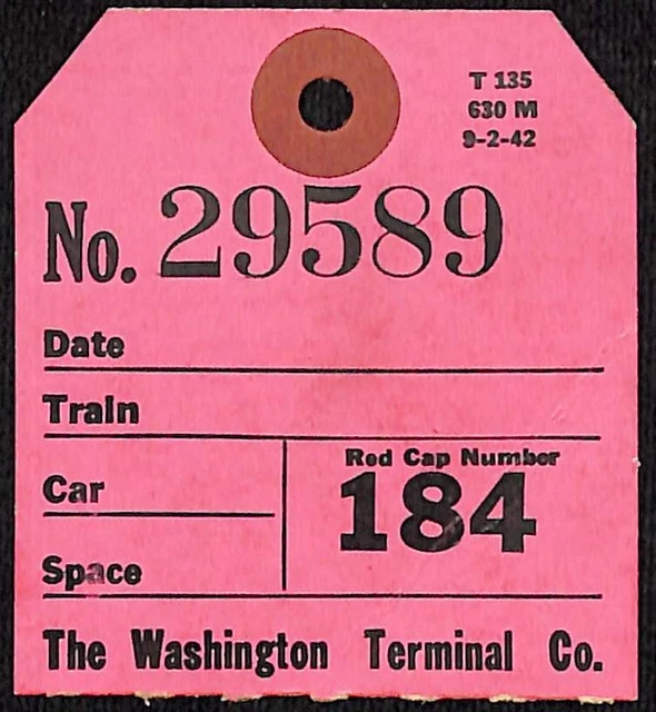THE WASHINGTON TERMINAL Co. Railroad Redcap Baggage Check c1942 5.99