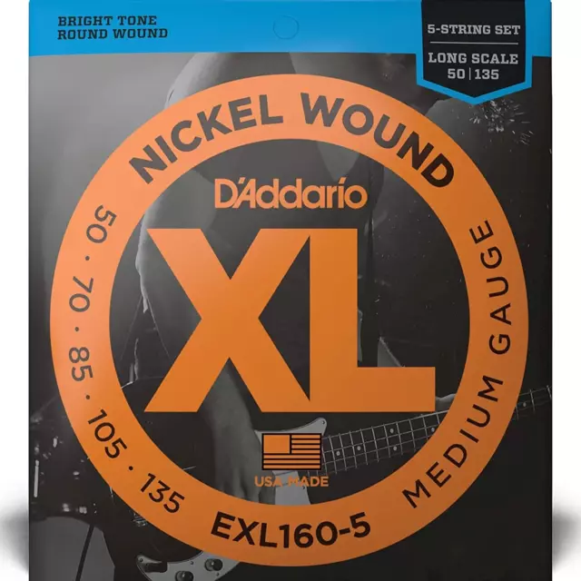 D'Addario EXL160-5 XL 5 String Bass Guitar Strings Long Scale Medium Gauge 50-13