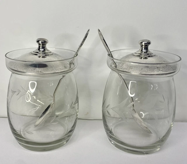 PAIR Vintage Empire Solid Sterling Silver Condiment Mustard Jelly Jar Org. Spoon