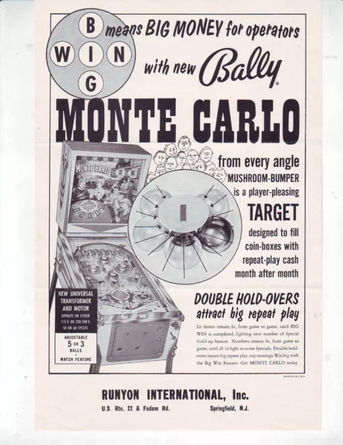 MONTE CARLO ORIGINAL PINBALL MACHINE FLYER 1964 Vintage Retro Artwork Promo