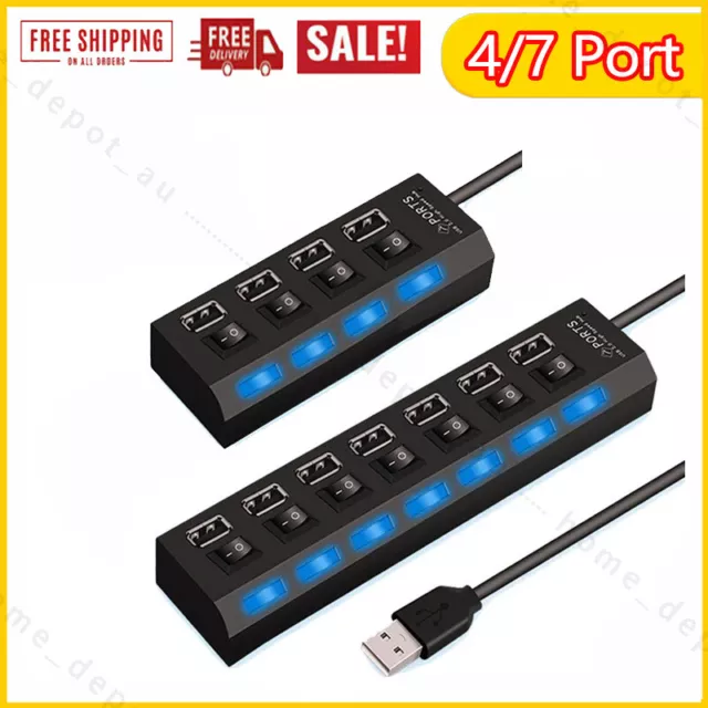 4/7 Ports USB 2.0 HUB Powered +High Speed Splitter Extender PC AC Cable Adapter