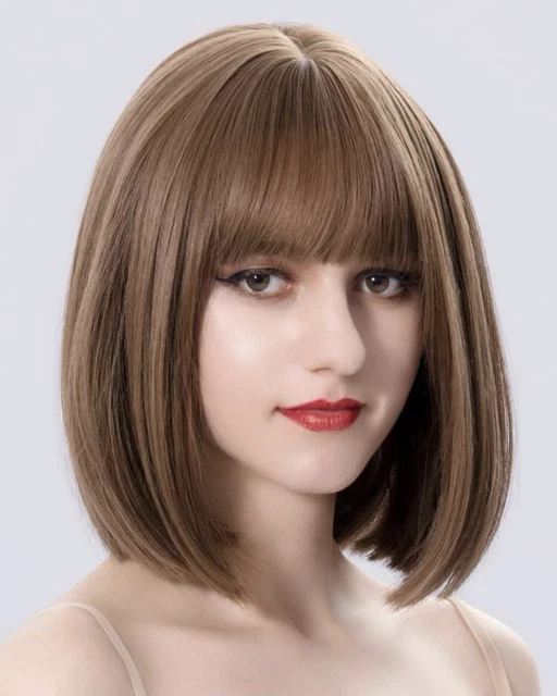 Perruque Synthétique Courte Brune Châtain Avec Frange - Bonnet Moyen, Style Naturel