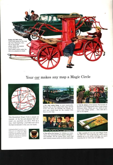 1959 Ethyl Gasoline Ad New Harmony Indiana Fire Engine 1804 Plymouth Wagon b5