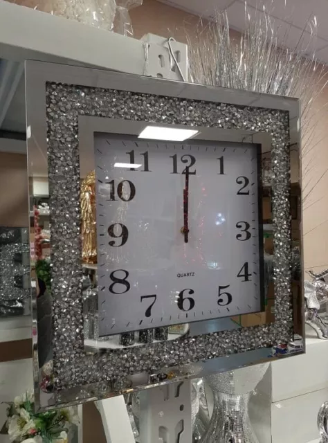 40 CM Square SILVER GLASS CRUSHED DIAMOND FILLED WALL CLOCK ANALOGUE