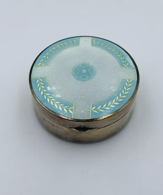 Antique English Sterling Silver Blue & White Enamel Guilloche Round Box