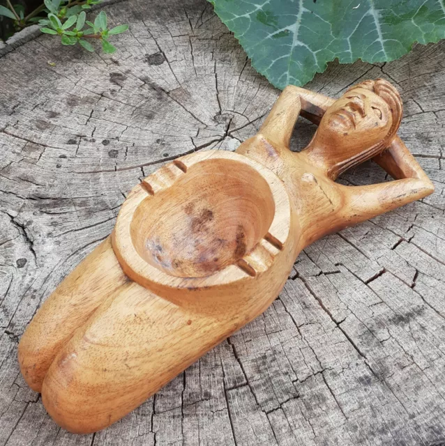 Vintage hand carved WOODEN Naked Lady Woman ashtray, wood, carving folk art, old