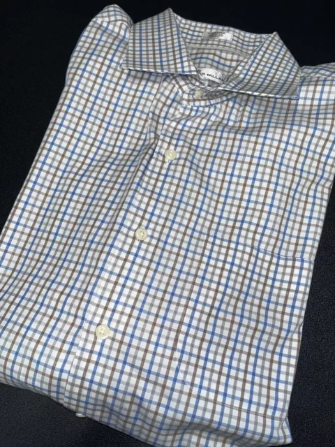 Peter Millar Men's XL Blue White Tan Check Long Sleeve Button Down Cotton Shirt