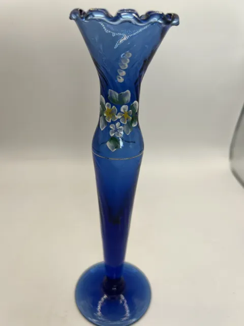 Blue Floral Hand Painted Hand Blown Ruffled Edge Glass Bud Vase