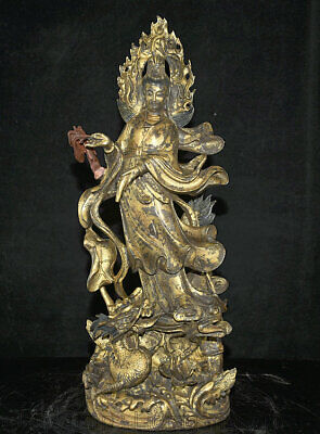 17.2 "Bronze Chinois Doré Stand Kwan-Yin Guan Yin Boddhisattva Dragon Statue