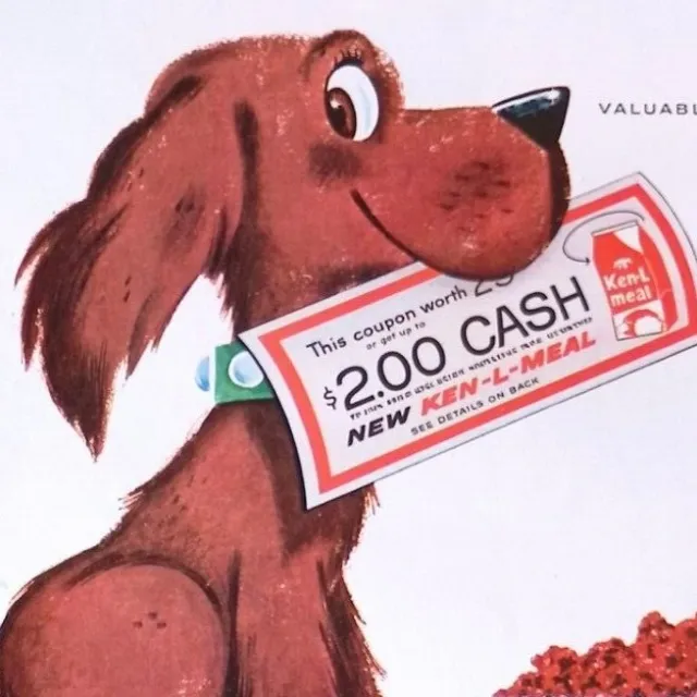 1959 Ken-L Meal Dog Food Original Print Ad Cartoon Dog Holding Coupon In Mouth