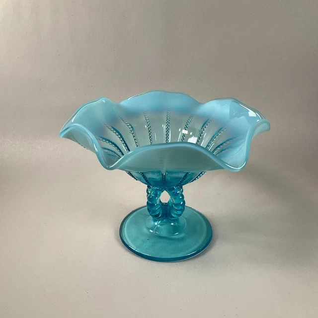 Northwood Beaded Panel Aqua Blue Opalescent Footed Glass Compote