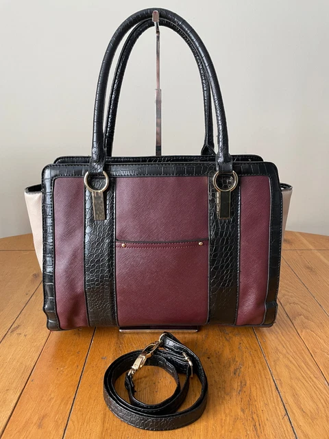 F F BLACK BURGUNDY Cream Faux Leather Zip Top Handbag Shoulder Bag Croc Accent 4.99 PicClick UK