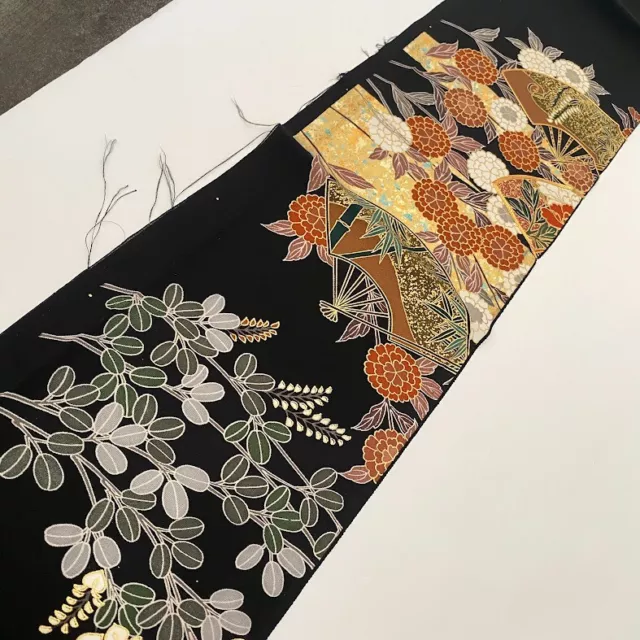 Geisha Fan #E 7x60 LONG Hand Painted Vintage Tomesode Black Kimono Silk ToD82