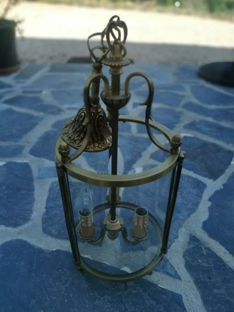 Lustre 3 Lumières Elica Style Liberty – Laiton – Abat-jour En Verre Et Céramique, Modèle Olive