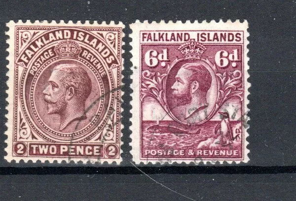Falkland Islands 1928 2d reddish maroon and 1929-37 6d SG 75c annd 121 FU CDS